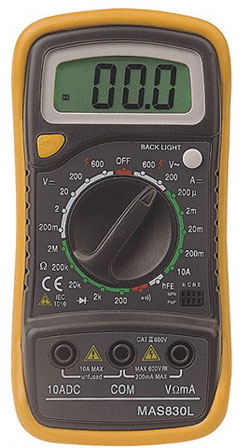 Мультиметр МAS830L (=0,1мВ-600В/ ~0,1-600В/ 0,1мкА-10А/ 0,1-2МОм/ диод-тест/ прозвон)